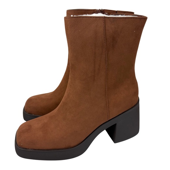 Sun + Stone Shoes - Sun + Stone Tiannaa Platform Booties 10M Brown Faux Suede Block Heel